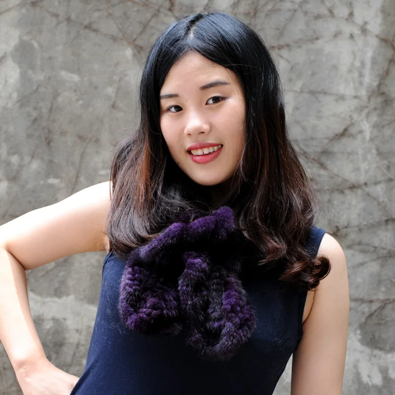 

CX-S-83D Women Winter Fashion Mink Fur Scarf Girls Knitted Scarf Warm Real Fur Purple