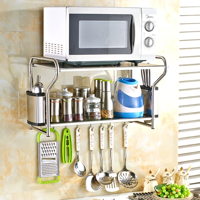 Free Shipping 304 Stainless Steel Microwave Oven Doule Shelf Kitchen Free Shipping 304 Stainless Steel Microwave Oven Doule Shelf Kitchen Wall Mounted Pendant Storage Hook Condiment