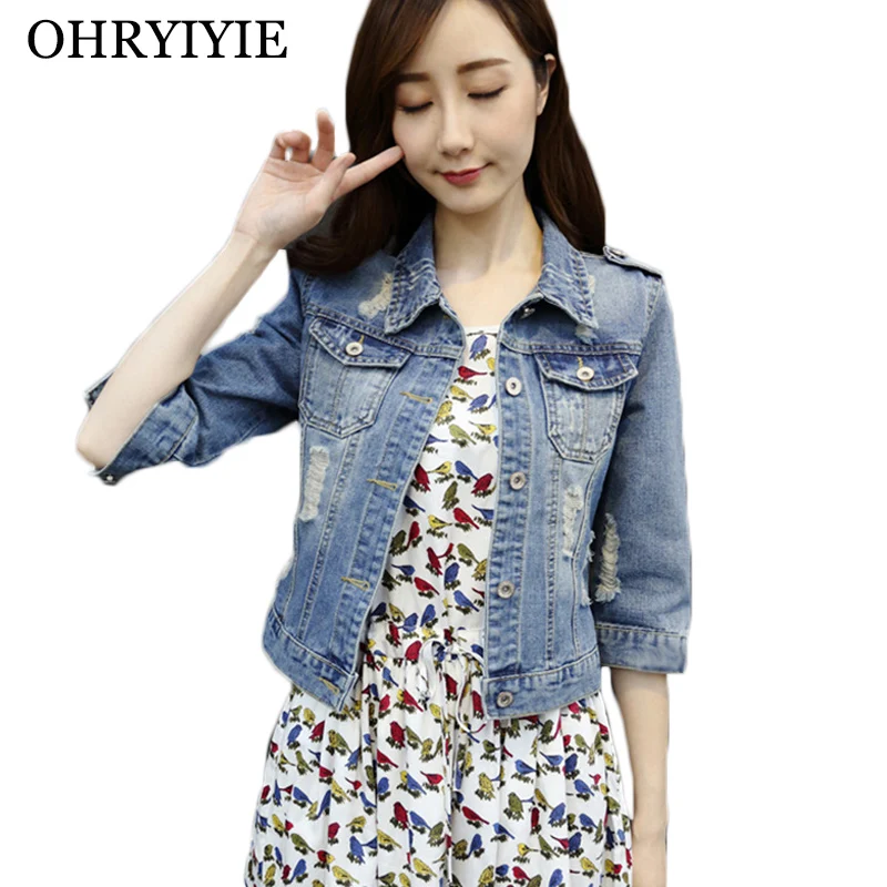 

OHRYIYIE Plus Size 6XL Denim Jackets Women 2019 Spring Autumn Turn-down Collar Denim Coats Female Hole Ripped Jean Outwear S-6XL