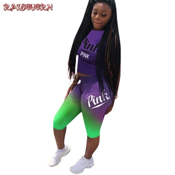 

RAISEVERN 2 Pieces Sets Women Sporting Tracksuit Hot Letter Print Sets Summer T Shirt Slim Tops Pants Sportsuit Plus Size 2019