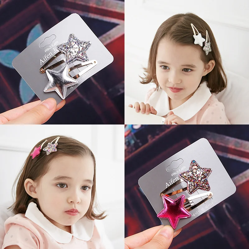 

2018 New 2pcs Girls Cute Shine Heart Crown Star Hairpins BB Clips Princess Headwear Barrettes Hair Holder Kids Hair Accessories