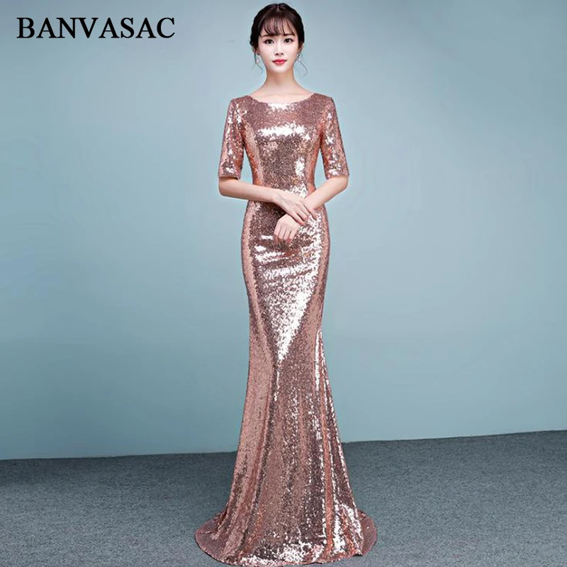 BANVASAC 2018 с круглым вырезом розовое золото блестками Русалка Длинные вечерние платья элегантные вечерние Половина рукава молния Назад для