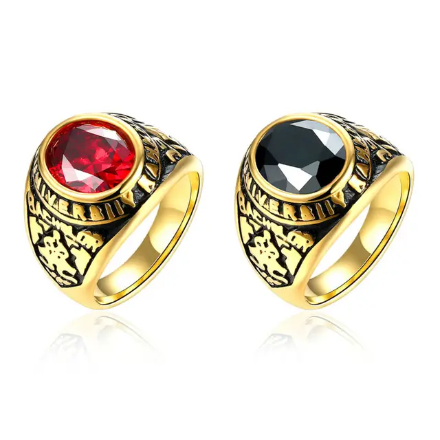 Men Ring Stainless Steel Boss Rings Gold Plated Big Gem Stone Bling