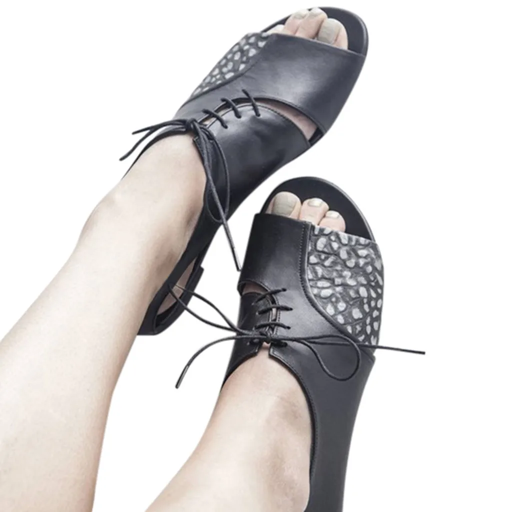 

2019 summer fashion sandals Womens Fashion Rivets Pure Color Ankle Lace-Up Peep Toe Flat Beach walking Shoes Roman