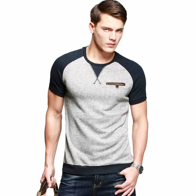 2015 New Mens Fashion Slim Fit T Shirt O Neck Patchwork Short Sleeve T