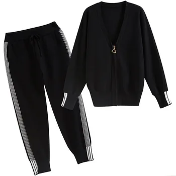 

Women's Winter Casual Wear 2 Pcs Side Striped Zip Top And Pants Fashion Slim Cardigan Casual Fashion Suit
