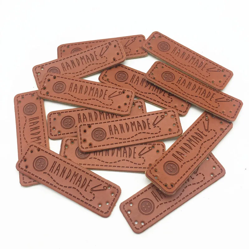 

20pcs 50x15mm PU Leather "Handmade" With Button Design Garment Labels Patch Embossed Rectangle Tags DIY Sewing Accessories