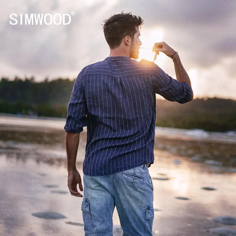 

SIMWOOD autumn summer new shirts men 2019 100% linen striped three quarter sleeve shirt Breathable cool causal clothes 190177