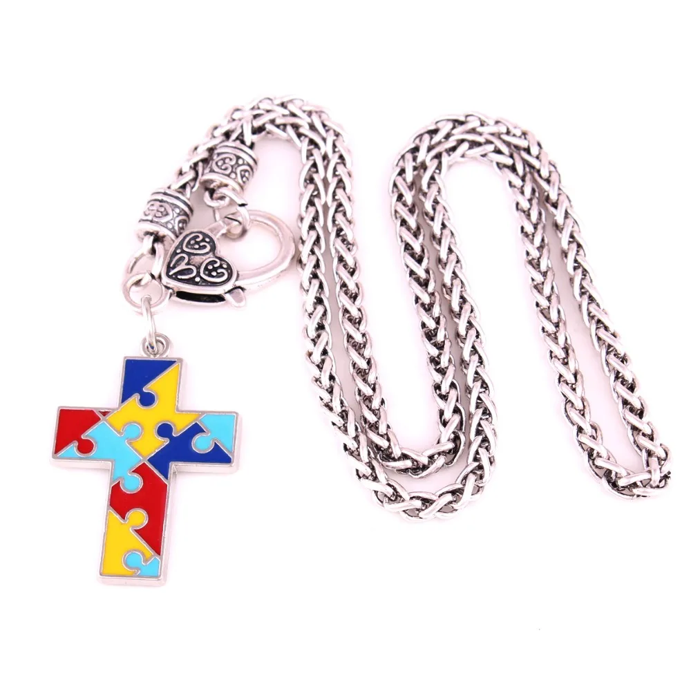 Classic Jewelry Cross Design Pendant Necklace Jigsaw Puzzle Pattern Beautiful Enamel Wheat Link