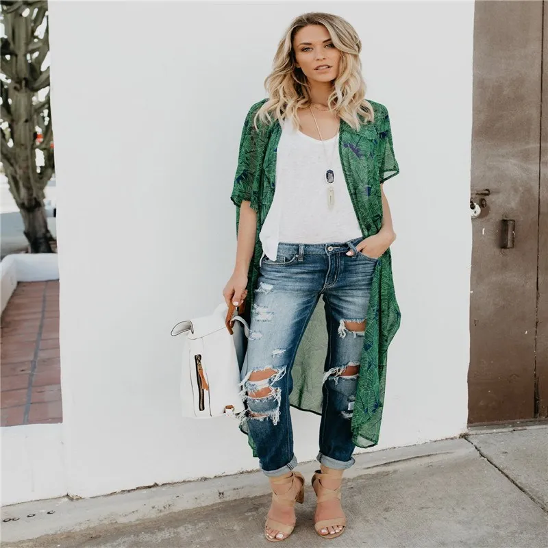 

Summer Women's Casual Chiffon Blusas Kimono Printing Green Blouses Kimono Cardigan