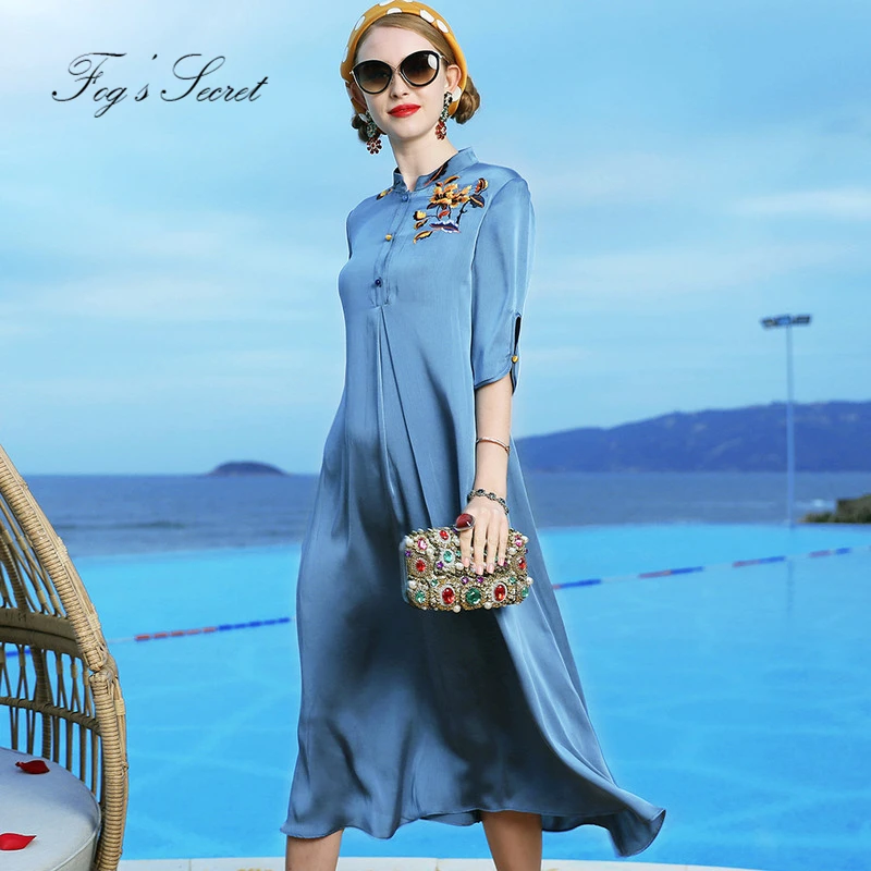 

Women Long Dress Loose Elegant Chinese Cheongsam Embroidery Flower Large size Thin For 2019 summer autumn