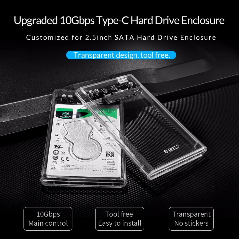  Carcasa ORICO USB C HDD nueva 10 Gpbs USB3.1 Gen2 carcasa de disco duro caja transparente HDD para 