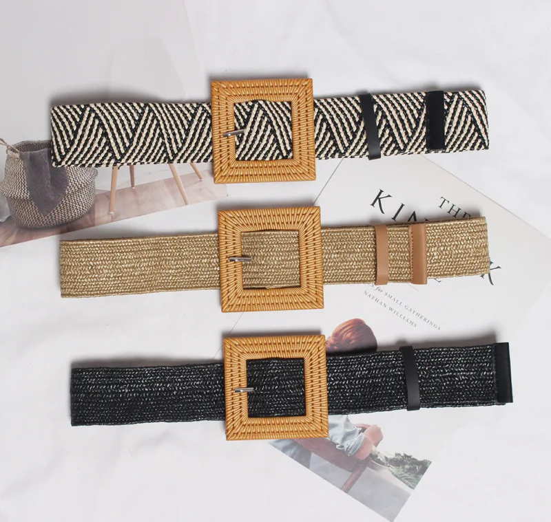 

new fashion elastic raffia belts brand wide rafie belts straw braided women belts with imitation rattan wood buckle
