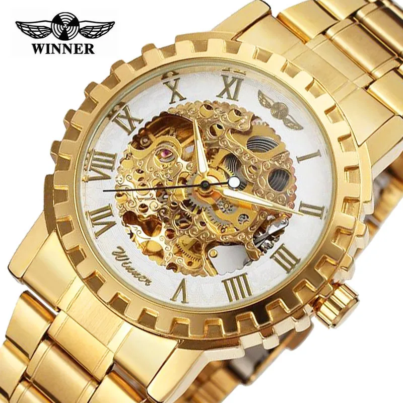 

Skeleton Automatic Mechanical Winner Gold Men Dress Watch Stainless Steel Bracelet Sports Luxury Male Clock Business Wristwatch