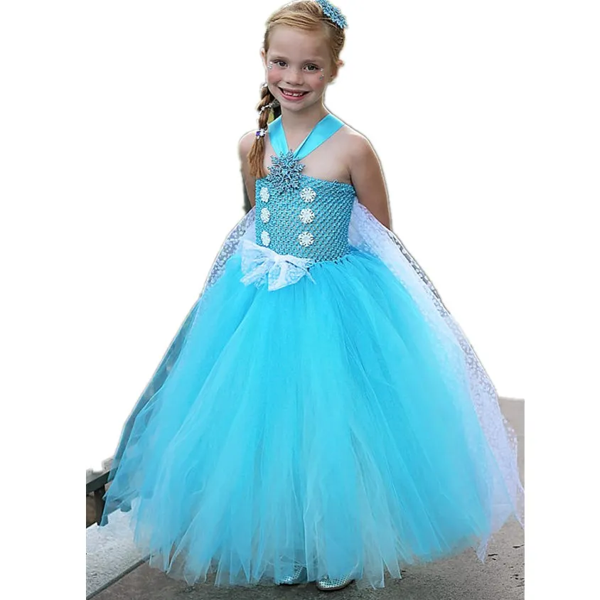 Elsa Costume Mesh Tulle Princess elsa Dress With Long Back Shoulder Cape Tutu Dress Cosplay Costumes