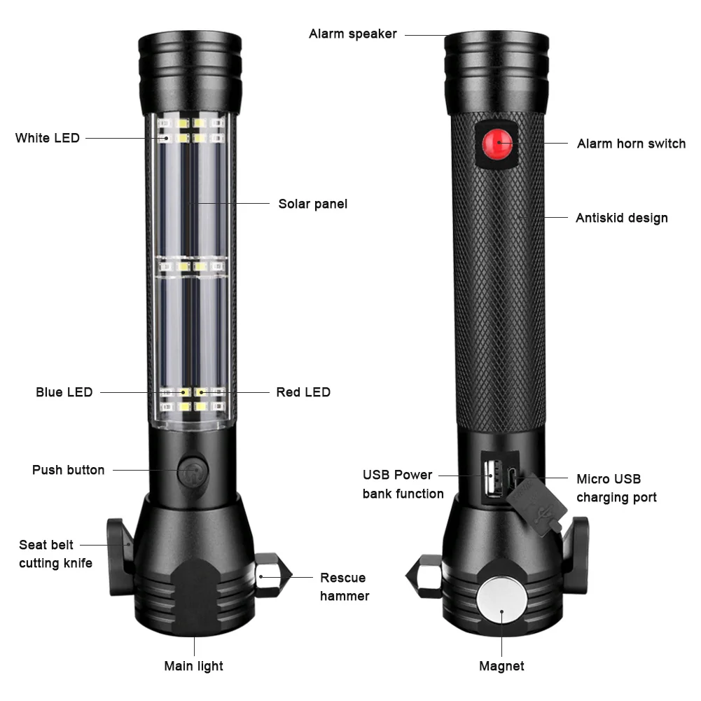 Солнечная энергия фонарик многофункциональный Солнечный спасение побег фонарик с появлением безопасности молоток компас магнит банк питания SOS