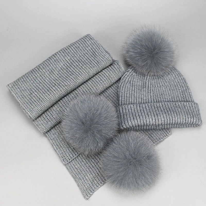 Winter Beanies Fox Pompom Fur Wool Knitted Hat The Female Of The Mink Caps Beanie Hats For Women Girl 'S Hats Scarves Cap Scarf - Цвет: Gray