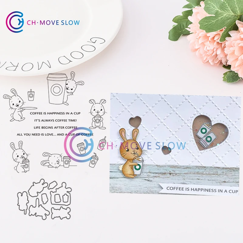 

CH Little rabbit drinks coffee Metal Cutting Dies and stamps DIY Scrapbooking Card Stencil Paper Craft Stamp Die Set