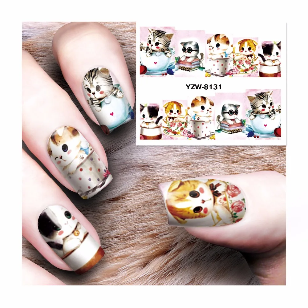 

YZWLE 1 Sheet Water Transfer Tattoo Full Tips Nail Art Beauty Cute Cat Designs Sticker Nail Decals New 8131