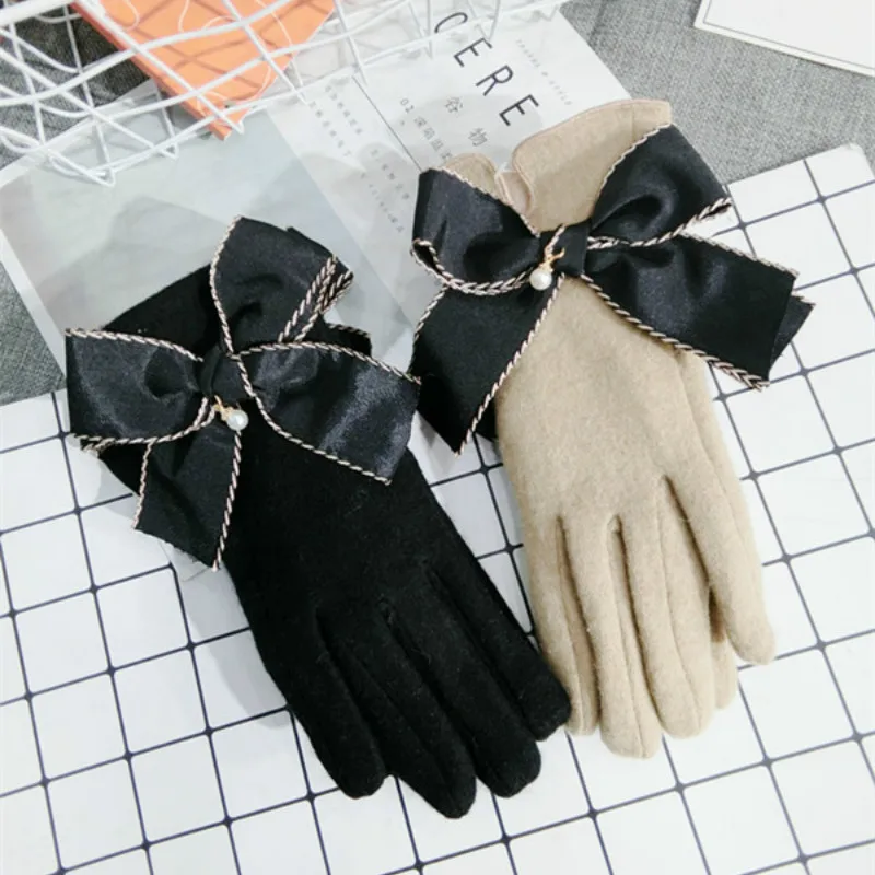 Новый корейский сенсорный экран кашемир хаки, черный Перчатки шерсть с бантом теплые вязаные женские весна зима Перчатки толстые варежки
