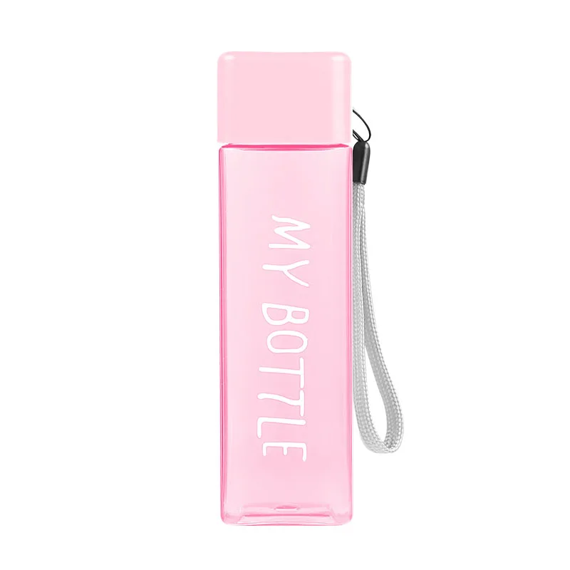 Новая квадратная пластиковая бутылка My bottle 500 мл для бутылок с водой для питья с веревкой, прозрачная или матовая Спортивная, корейский стиль, термостойкая - Цвет: pink