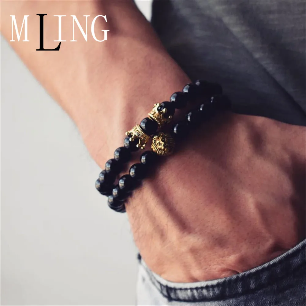 MLING 2 шт./компл. модная голова льва в короне черный браслет из бисера античный