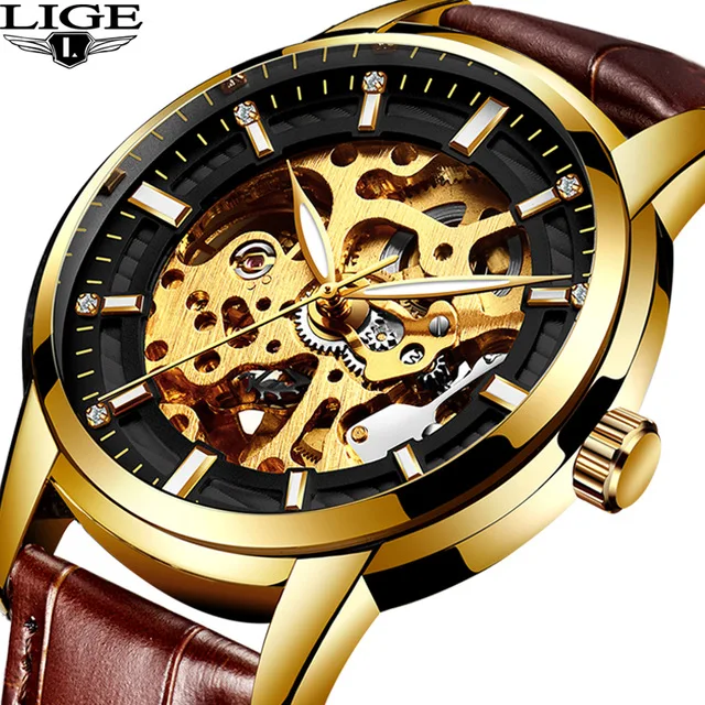 

LIGE men watches top brand luxury Business Automatic Mechanical Watch Openwork Men's Watchs Golden Watch Waterproof Mens Clock