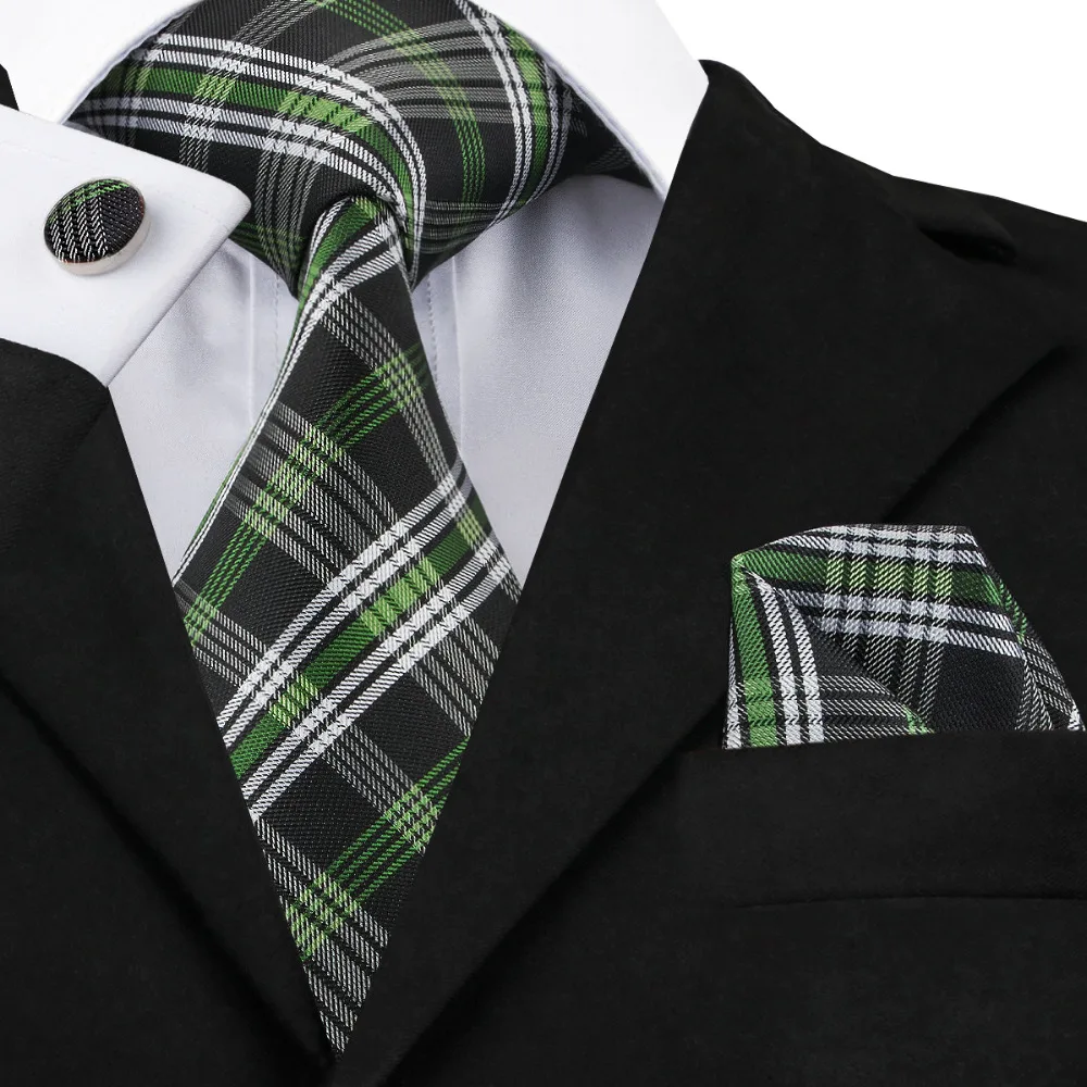 

2017 Fashion White Black Green Plaid Tie Hanky Cufflinks 100% Silk Neckties Ties For Men Formal Business Wedding Party C-906
