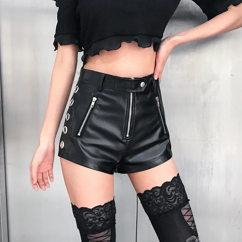 

Sexy PU Leather Shorts Women Slim High Waisted Summer Fashion Zipper Button Shorts Punk Black High Street