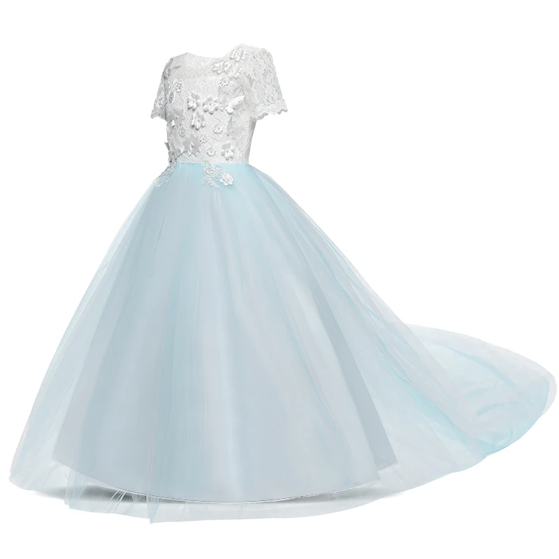 Синее длинное Тюлевое платье для девочек, свадебное детское белое платье с вышивкой платье на выпускной для девочек, вечерние платья для выпускного вечера