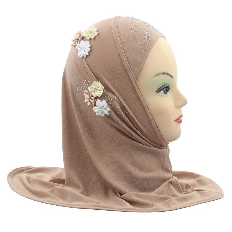 Мусульманский хиджаб для девочек, исламский шарф в арабском стиле, шали с 6 красивыми цветами, около 45 см, для девочек 1-5 лет - Цвет: Light Brown