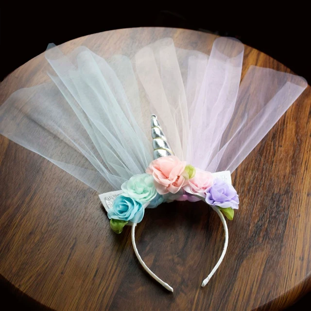 Diadema de unicornio para niña, diadema de flores de plata, cuerno de  unicornio, orejas de purpurina con tul largo para niña, accesorios para el