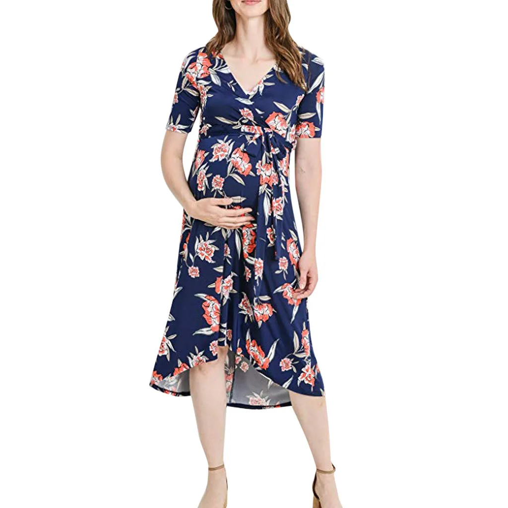 Vetement femme 2019 для женщин короткий рукав беременных средства ухода за кожей для будущих мам одежда платье цветок PrintingFrenulum кормящих
