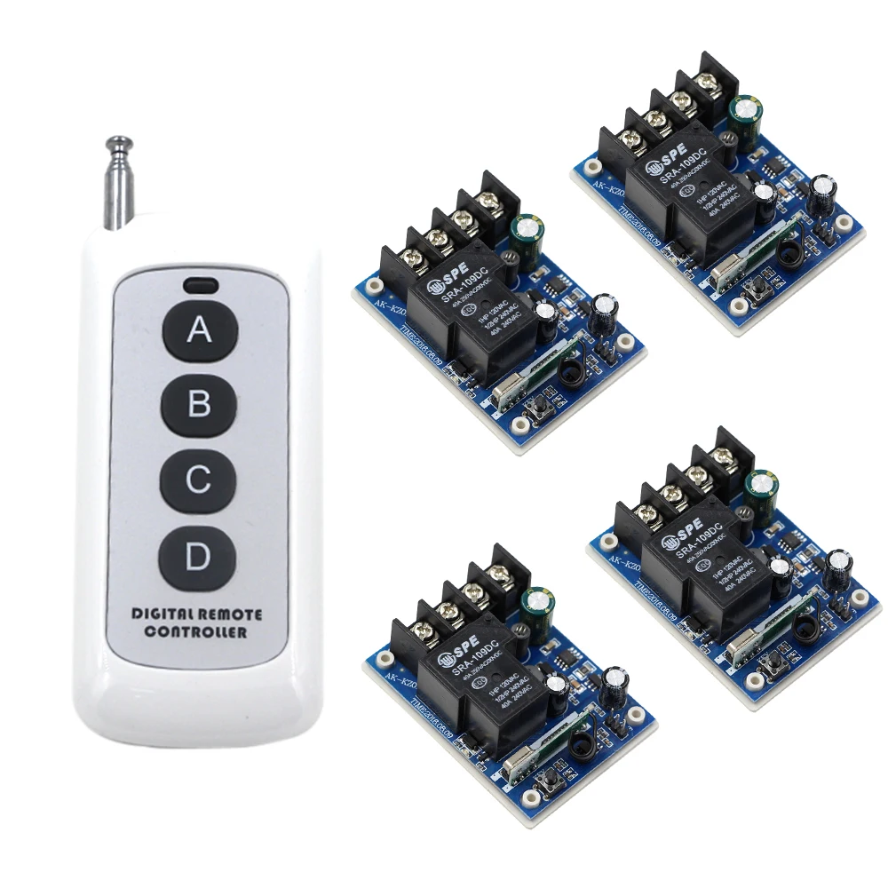 New DC12V 24V 36V 48V 30A 1CH Wireless Remote Control Switch System 4pcs Receivers + 1pcs 4 Button Transmitter 315mhz/433mhz New DC12V 24V 36V 48V 30A 1CH Wireless Remote Control Switch System 4pcs Receivers + 1pcs 4 Button Transmitter 315mhz/433mhz