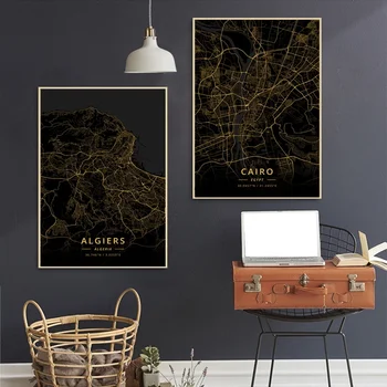 

North Africa Algeria Egypt Tunisia City Map Gold Map Canvas Art Print Wall Pictures for Living Room No Frame