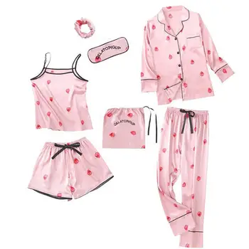 

Pink Ladies 4PCS Cami&Shorts&Shirt&Pants Home Wear Strawberry Sweet Pajama Set Ice Silk Pyjamas Pijamas Casual Sleepwear Suit