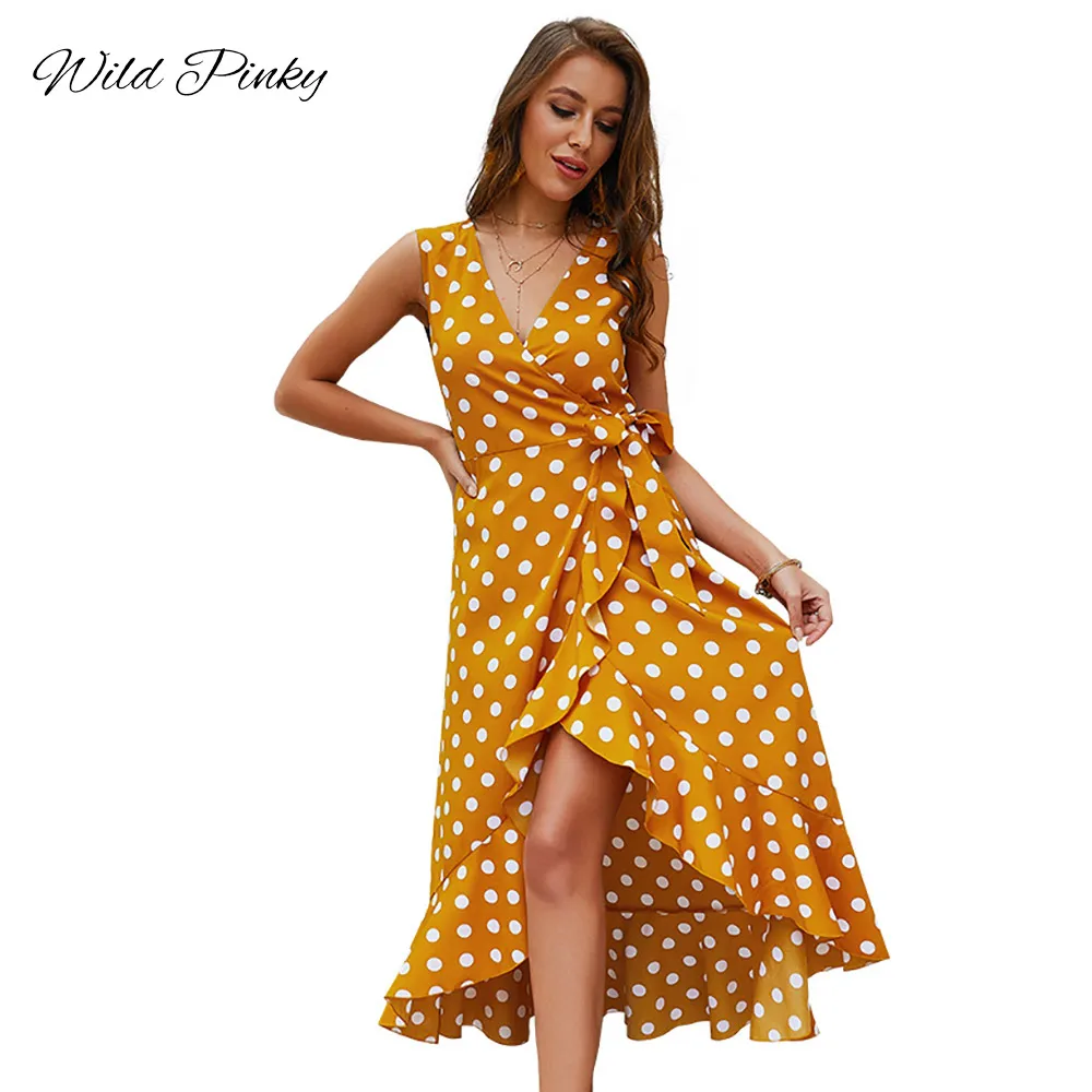 

WildPink Vintage polka dot beach summer dress women Ruffle sleeveless short dress casual yellow ladies dresses Boho female