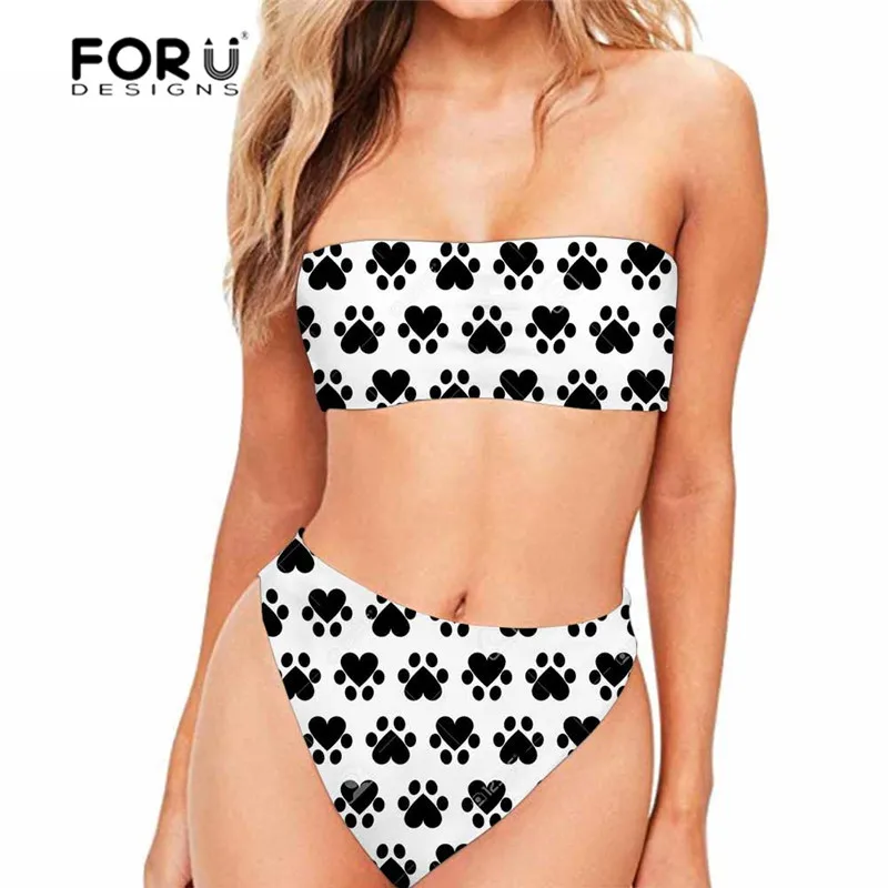 

FORUDESGINS Swimwear Women Cute Dog Pow Printing Swimming Suit for Women Large Size Two Piece Suit Sexy High Waist Bikini 2019