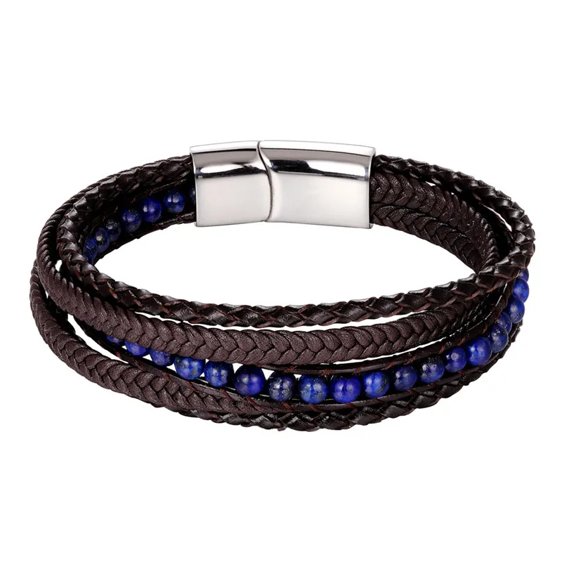 Модные Плетеные Многослойные браслеты из натуральной кожи, мужские браслеты с камнями и бусинами, браслет из нержавеющей стали, женский браслет для пары - Окраска металла: Blue