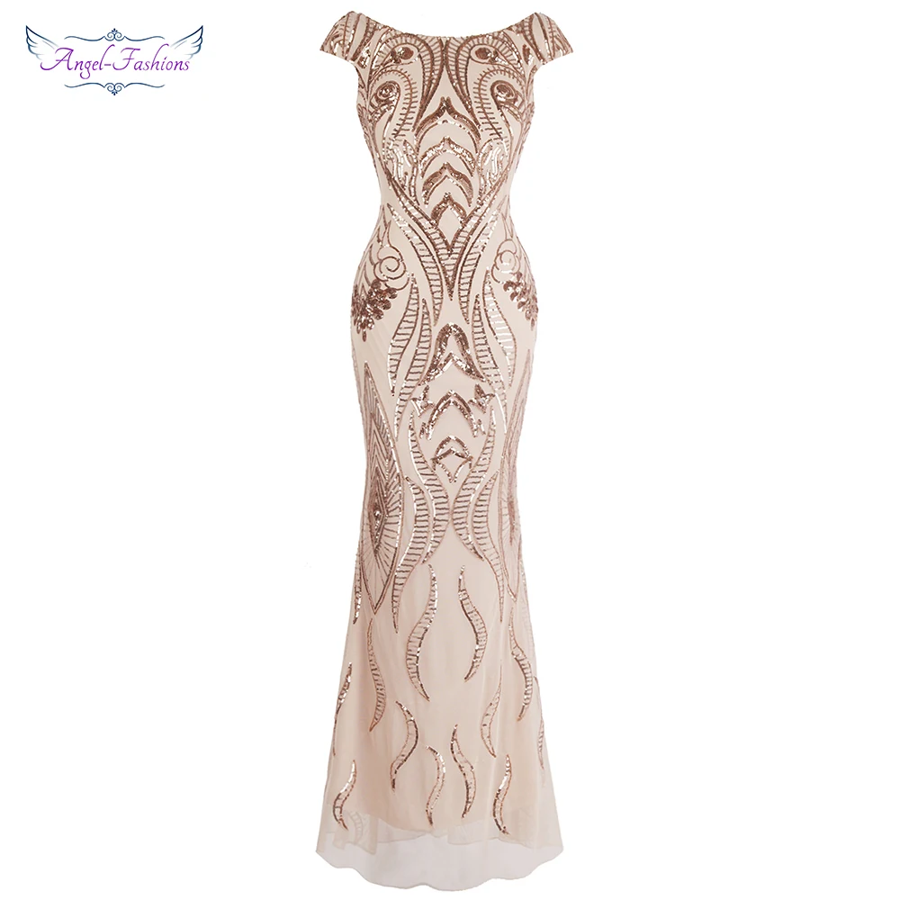 Angel-fashions Cap Sleeve Bateau V Back Vintage Sequin Mermaid Long Evening Dress Light Coral 378 Angel-fashions Cap Sleeve Bateau V Back Vintage Sequin Mermaid Long Evening Dress Light Coral 378