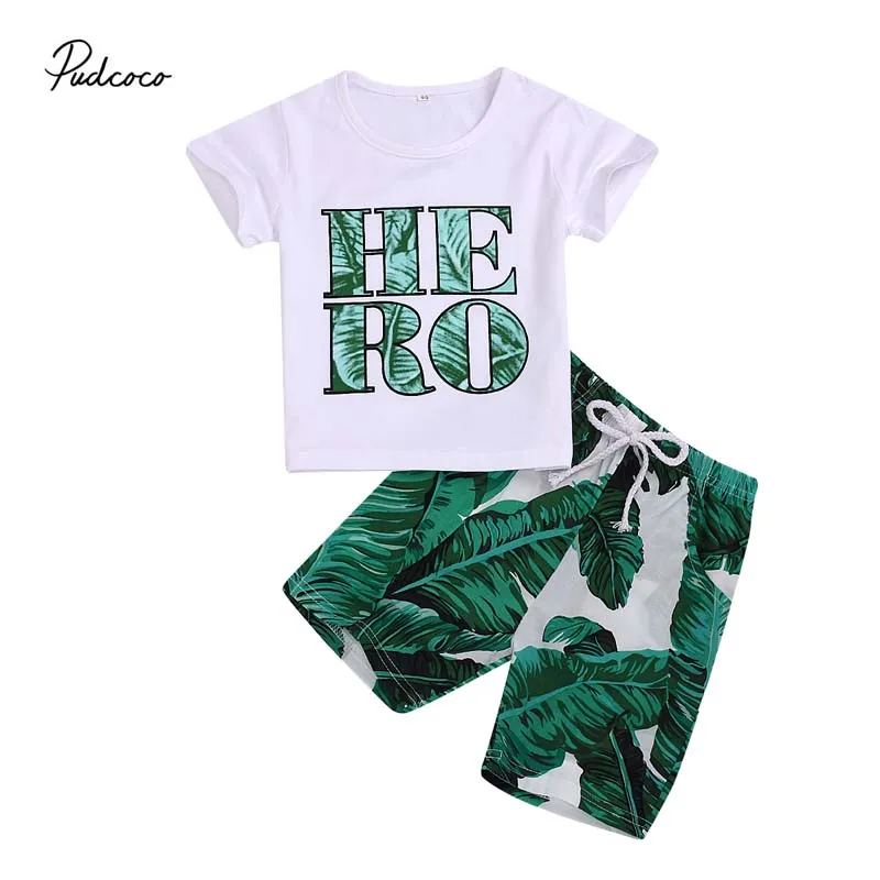 

2019 Brand 2pcs Kids Toddler Boy Cotton Letter T-shirt Green Leaf Print Shorts Outfit Set Sunsuit Casual Beach Holiday Clothes