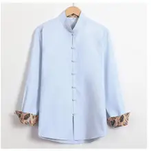 Осень хлопок Повседневная однотонная одежда Китайский традиционный длинный рукав Tang Топ Свободная рубашка на одной пуговице плюс размер 3XL 4XL