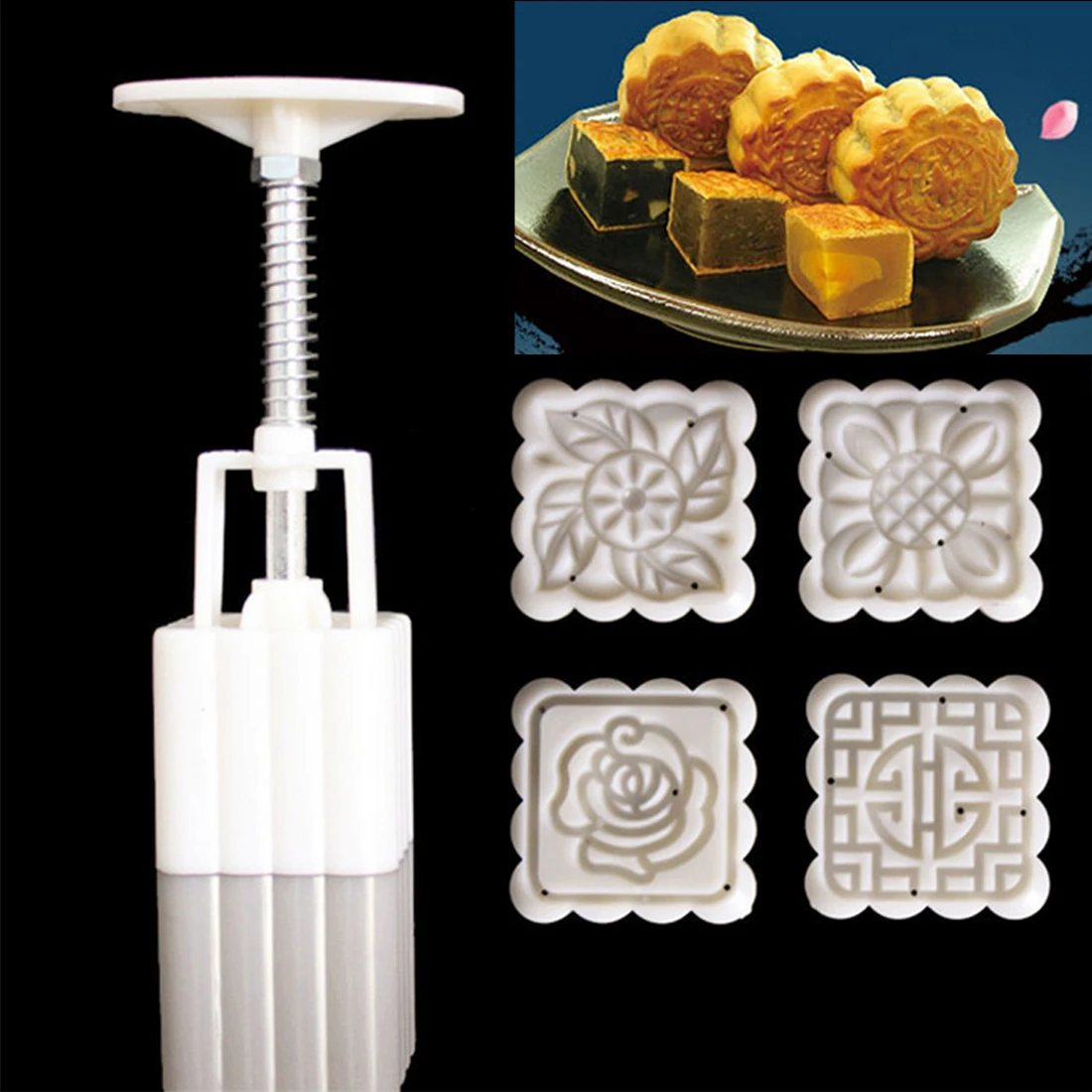 

4pcs/set Chinese Mooncake mold DIY Set Square Moon Cake Molds With 4 Patterns Molds Baking Pastry Tools