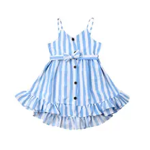 Детское Полосатое платье-комбинация для девочек пляжное платье с оборками и пуговицами одежда для маленьких девочек летний сарафан на ремне с бантом для девочек