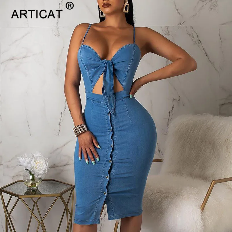 

Articat Hollow Out Denim Dress Women Knotted High Waist Cropped Bodycon Summer Dress Buttons Sexy Spaghetti Strap Party Dress