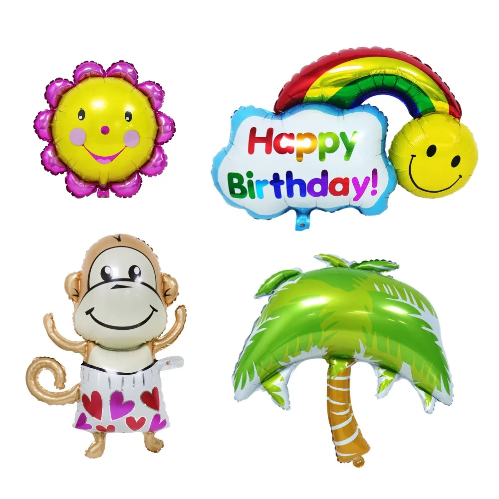 Joyeux Anniversaire Soleil Fleur Aluminium Feuille Ballon De Mariage Toile De Fond Decoration Cocotier Singe Arc En Ciel Fete Bricolage Suspendus Supp Aliexpress