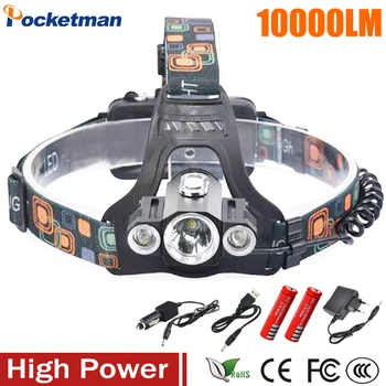 

High Power Headlight LED Headlamp XML T6 Waterproof 10000 Lumens Light Rechargeable Head lamps 4 Modes Zoomable +Charger