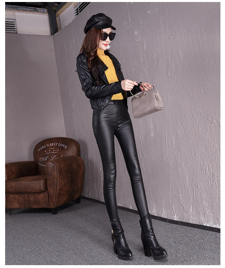 Vangull Autumn Women's Leather Pants Female Winter High Waisted Pants Leather Trousers Women PU Skinny Stretch Pencil Pantalons