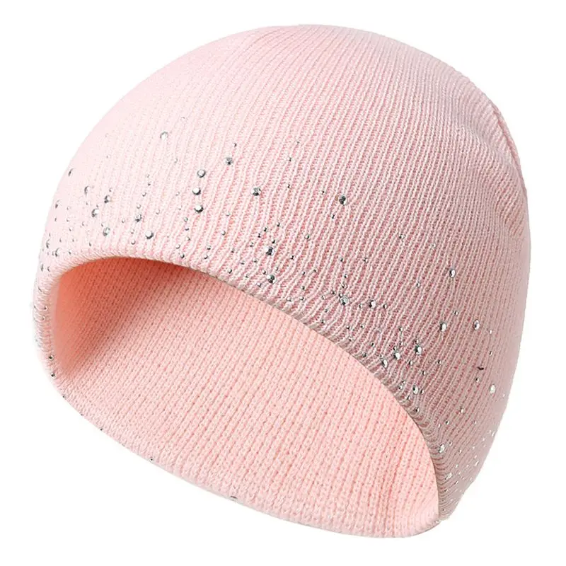 Женская вязаная шапка, стразы, зимний лыжный с подогревом, громоздкие, однотонные кепки