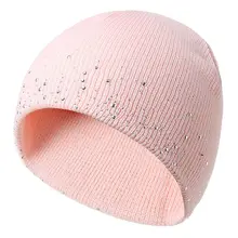 Женская вязаная шапка, стразы, зимний лыжный с подогревом, громоздкие, однотонные кепки